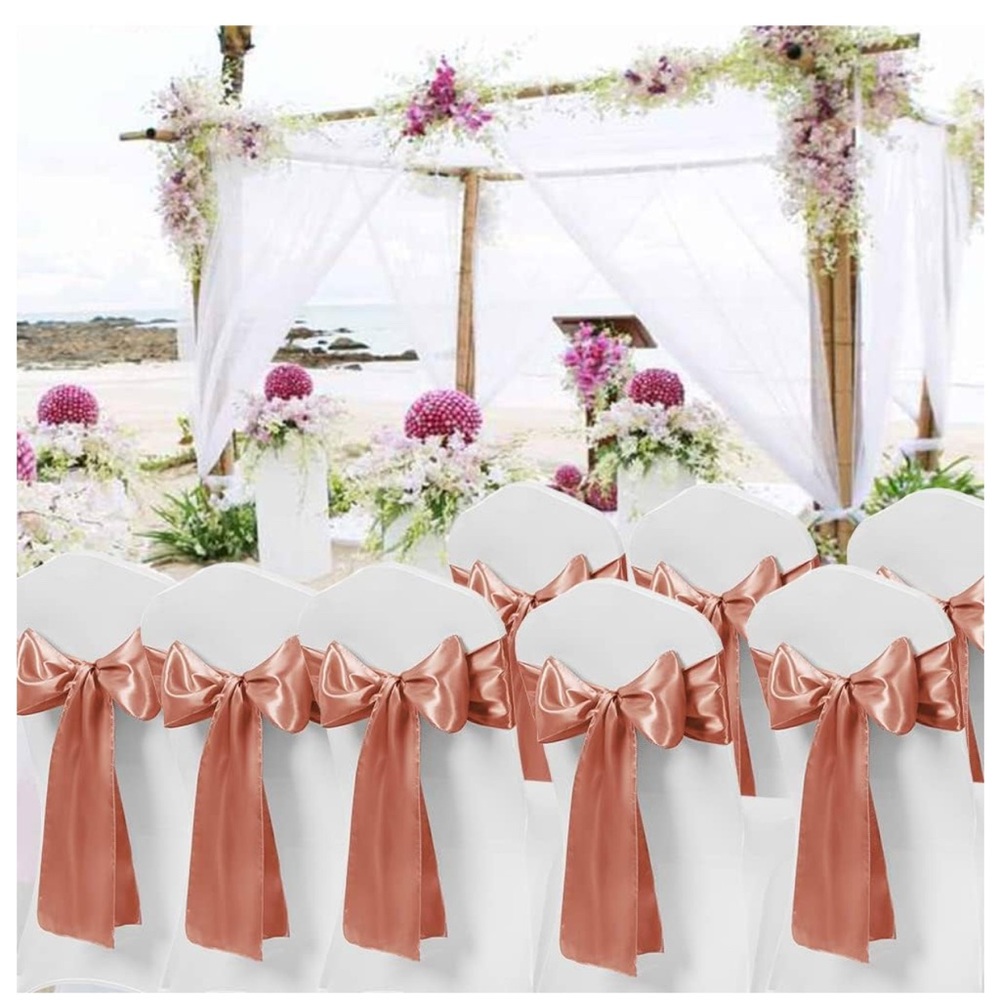 34 Elegant Cream Satin Chair Covers with 50 rose gold Sashes